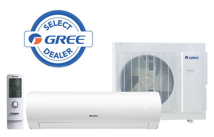 GREE Select Dealer — GREE ductless mini-split system with wall unit, remote, and outdoor condenser