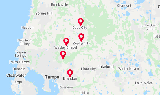 Map of the Franks Air Conditioning & Heating service area around Zephyrhills, FL