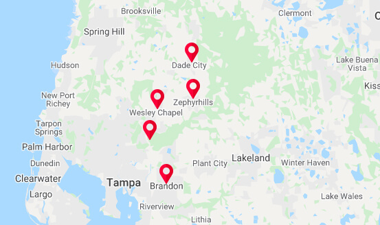Map Service Areas - Franks Air Conditioning & Heating, Zephyrhills, FL