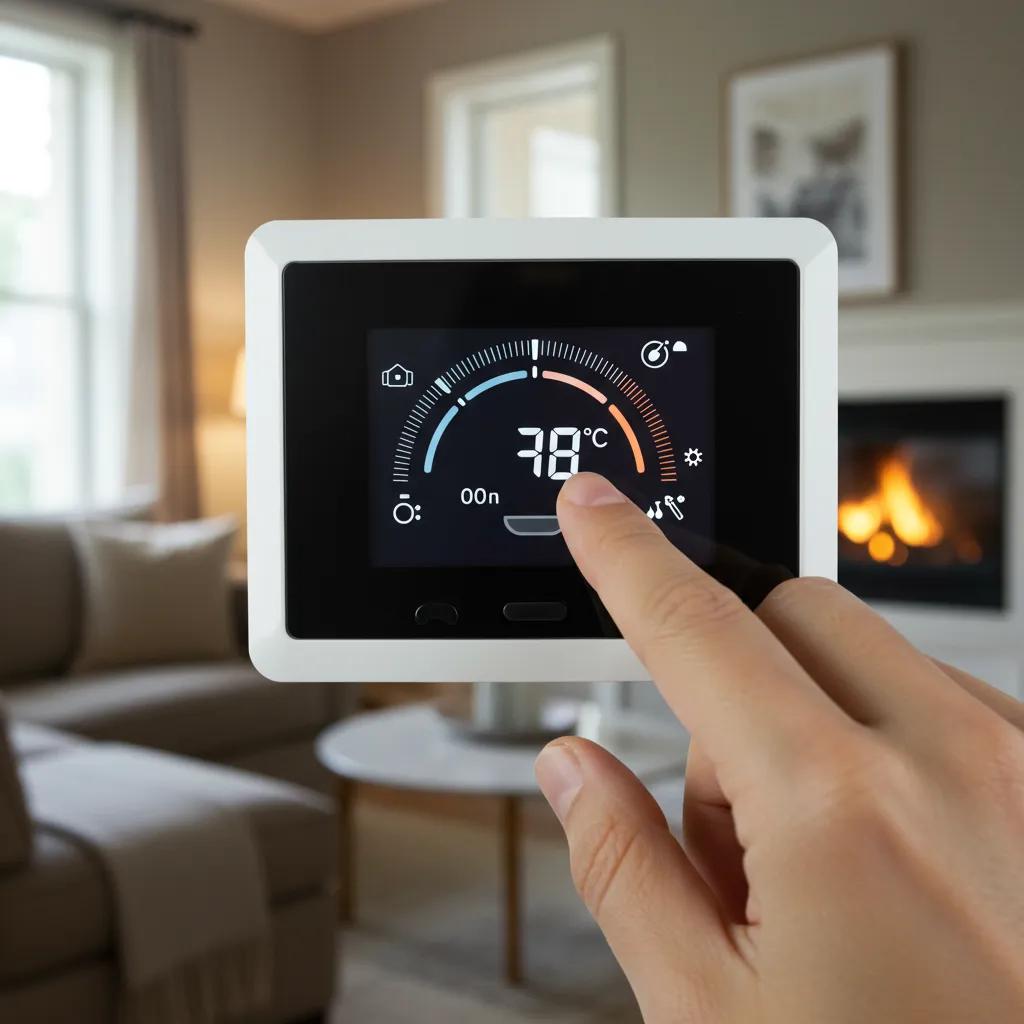 Close-up of a thermostat being adjusted in a cozy living room