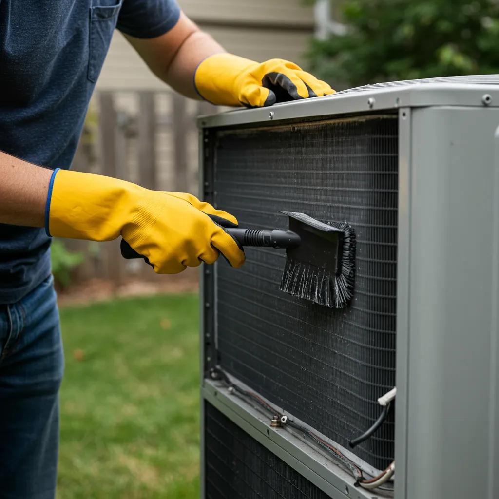 Homeowner cleaning air conditioner coils with safety gear