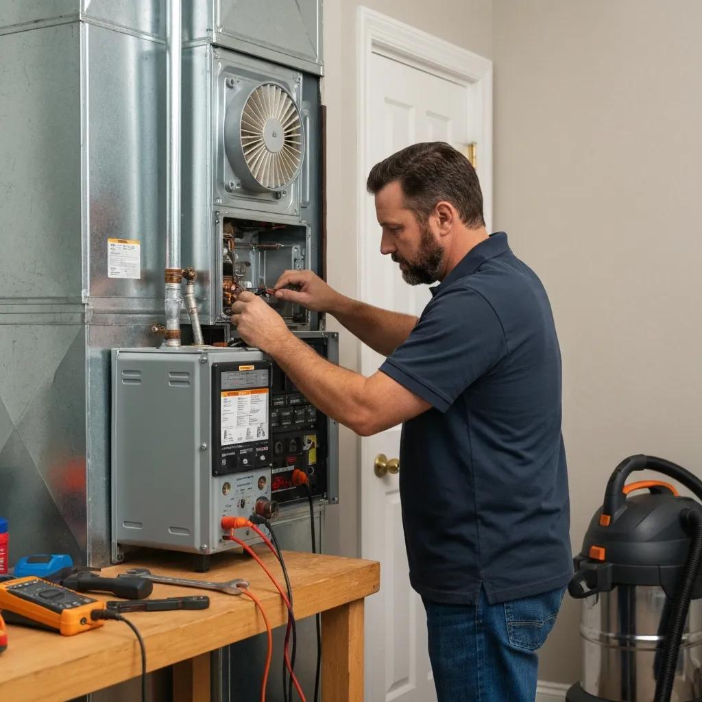Technician performing a professional furnace tune-up inside a home