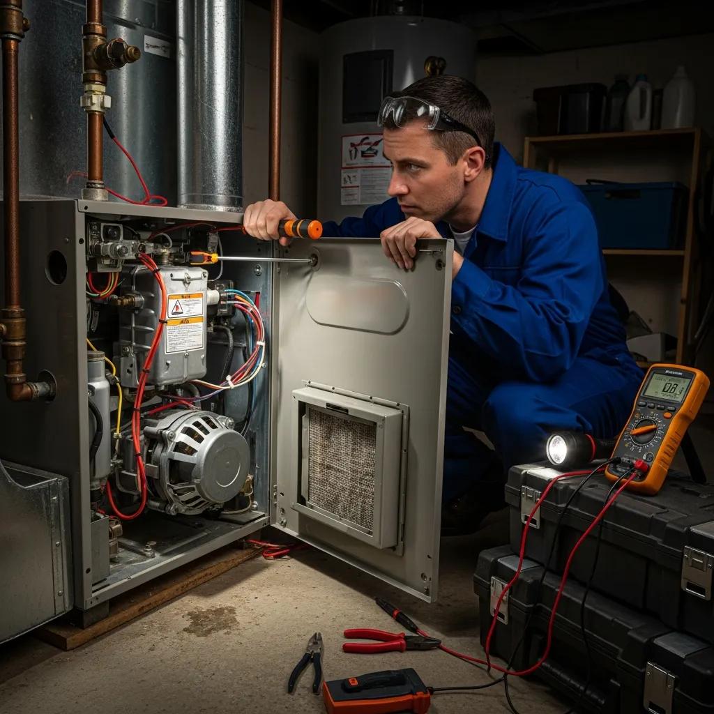 Technician checking a furnace to diagnose unusual noises — timely diagnosis avoids bigger problems