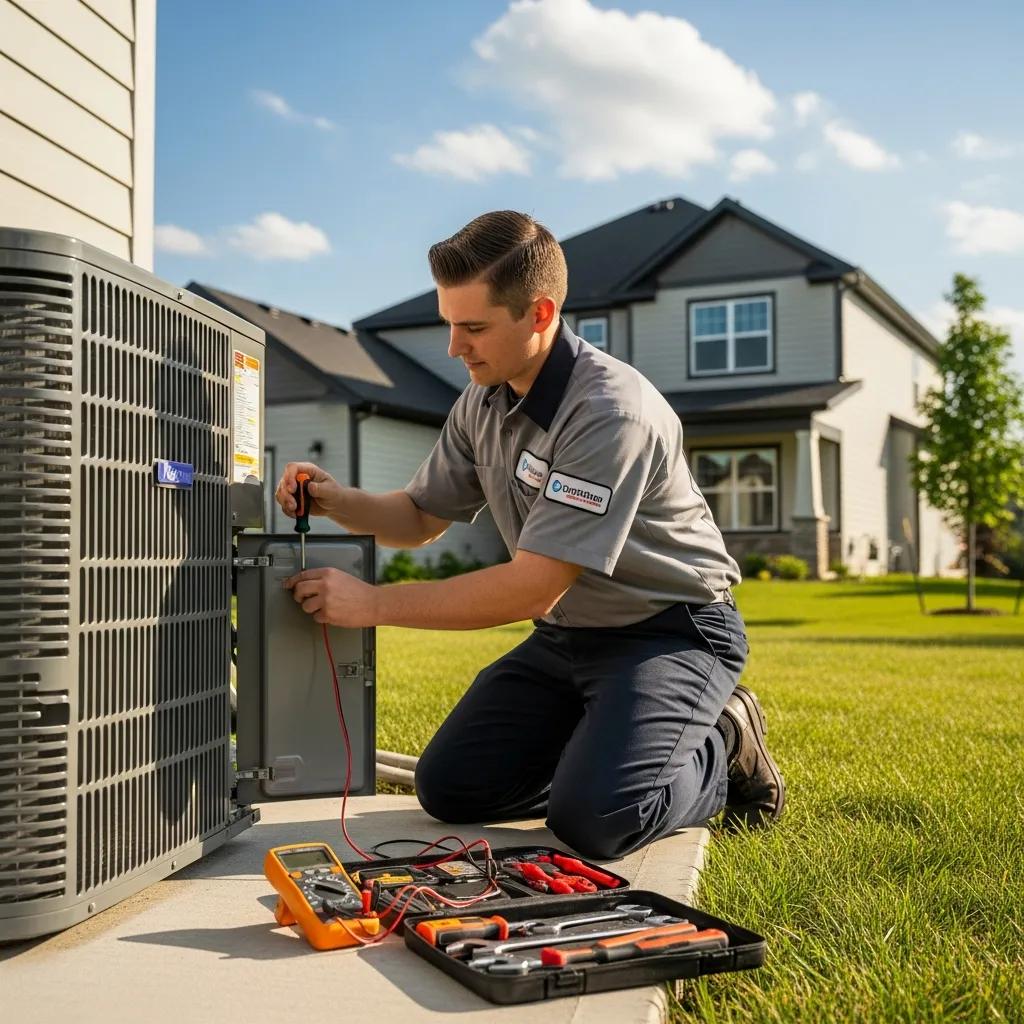 Technician performing preventative AC maintenance on a residential air conditioning unit