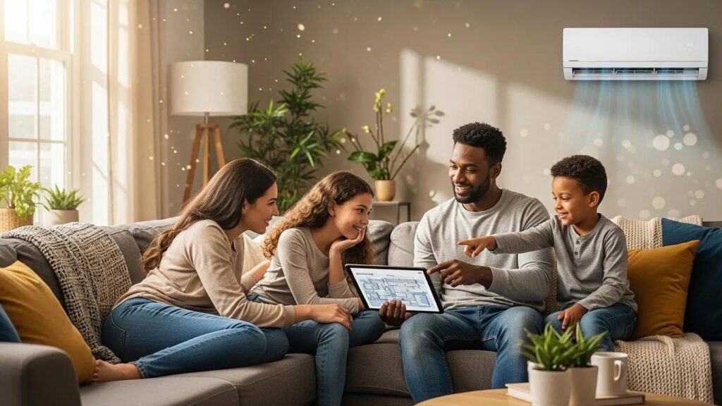 Family discussing HVAC financing options in a cozy living room with an air conditioning unit
