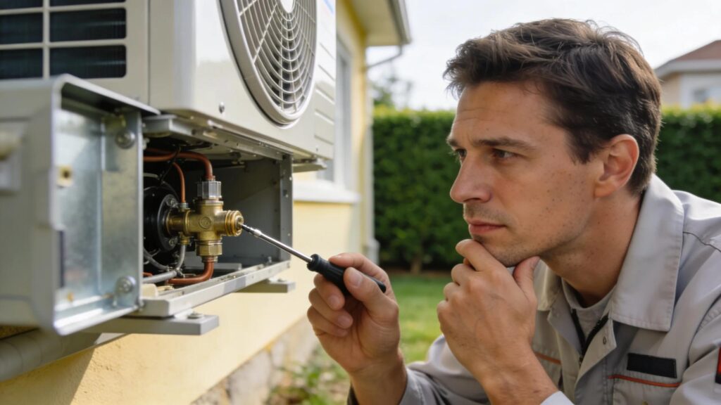 Technician inspecting an AC expansion valve during maintenance service