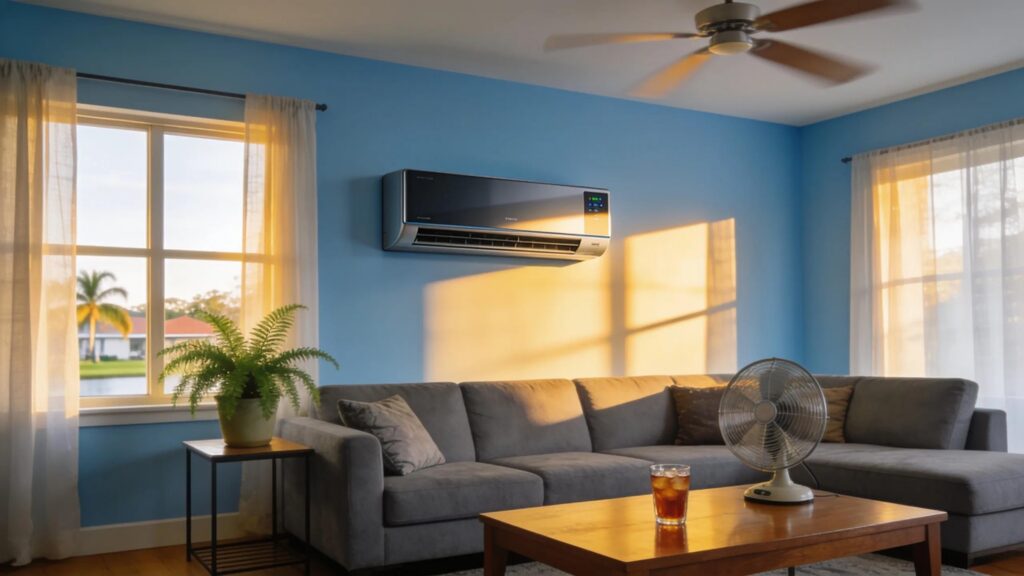 Is Your AC Showing These Signs? Time to Replace AC Today! 1 Modern air conditioning unit in a bright and cozy living room, emphasizing home comfort and efficiency
